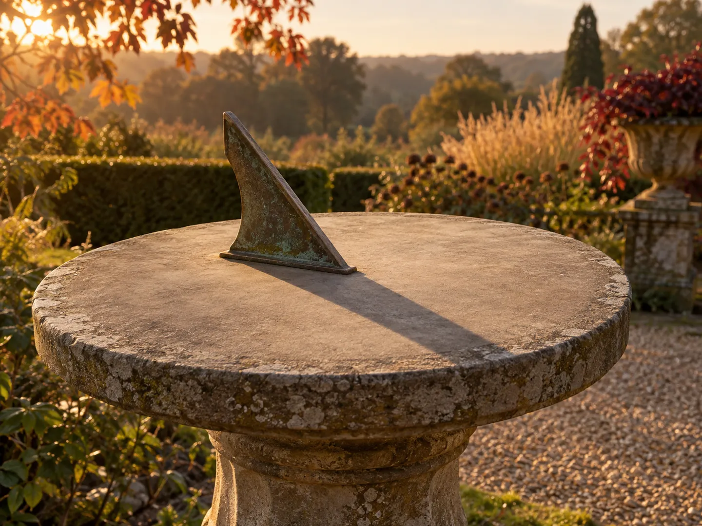 A weathered stone sundial in a garden at golden hour, its gnomon casting a long shadow across the plain dial