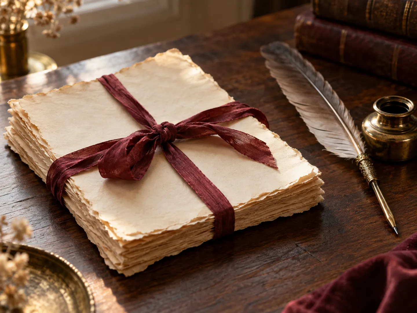 A stack of old blank parchment sheets tied with a faded burgundy ribbon beside a quill on a dark wooden table