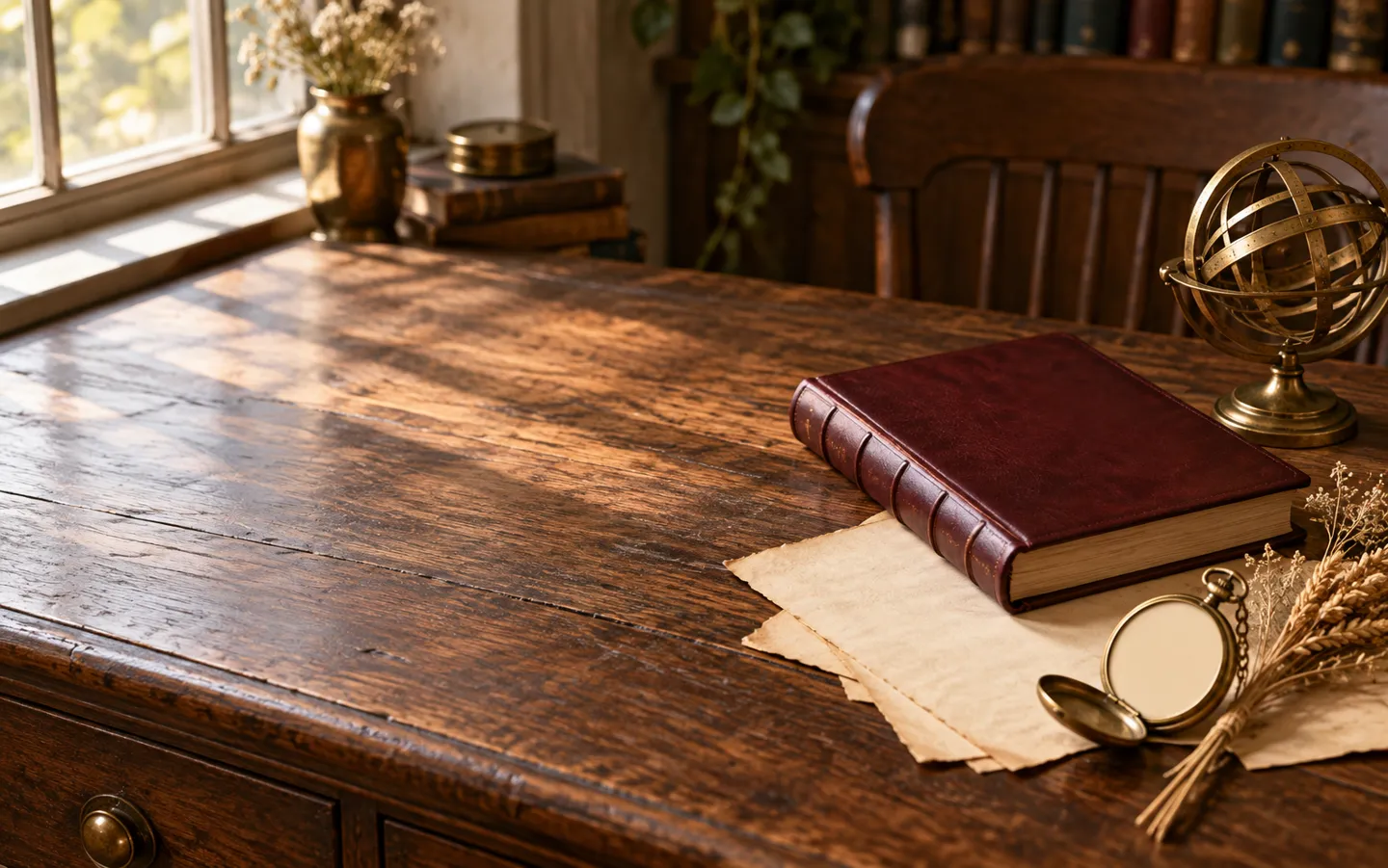 A sunlit antique wooden desk with a closed burgundy almanac, sheets of blank paper, an open pocket watch and a brass armillary sphere